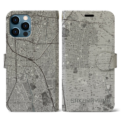 【桜山（愛知県）】地図柄iPhoneケース（手帳タイプ）モノトーン・iPhone 12 / 12 Pro 用