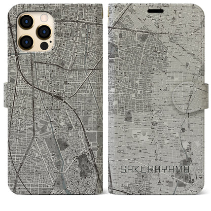 【桜山（愛知県）】地図柄iPhoneケース（手帳タイプ）モノトーン・iPhone 12 Pro Max 用