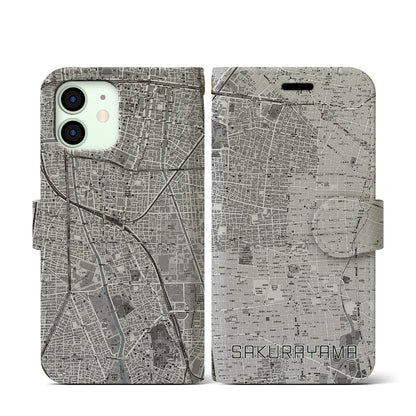 【桜山（愛知県）】地図柄iPhoneケース（手帳タイプ）モノトーン・iPhone 12 mini 用