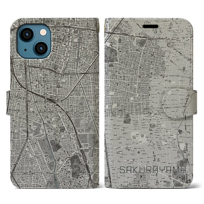 【桜山（愛知県）】地図柄iPhoneケース（手帳タイプ）モノトーン・iPhone 13 用