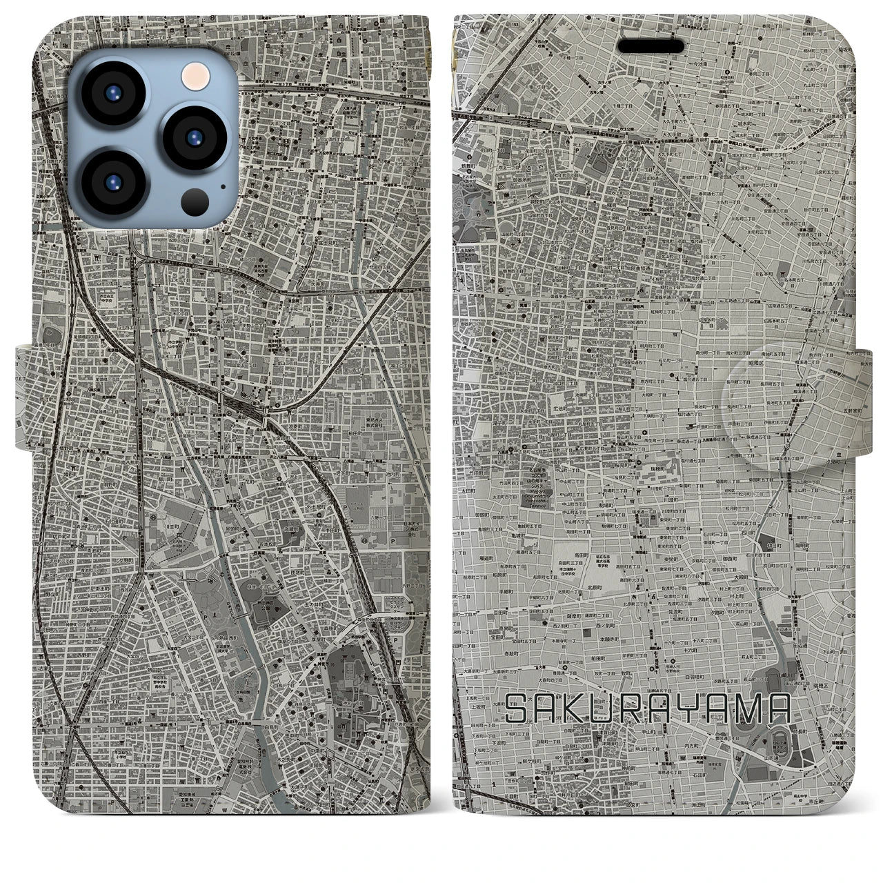 【桜山】地図柄iPhoneケース（手帳両面タイプ・モノトーン）iPhone 13 Pro Max 用