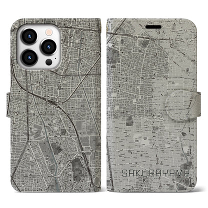 【桜山（愛知県）】地図柄iPhoneケース（手帳タイプ）モノトーン・iPhone 13 Pro 用