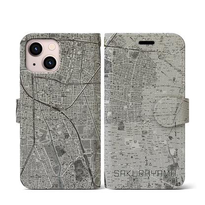 【桜山（愛知県）】地図柄iPhoneケース（手帳タイプ）モノトーン・iPhone 13 mini 用