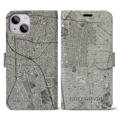 【桜山（愛知県）】地図柄iPhoneケース（手帳タイプ）モノトーン・iPhone 14 用