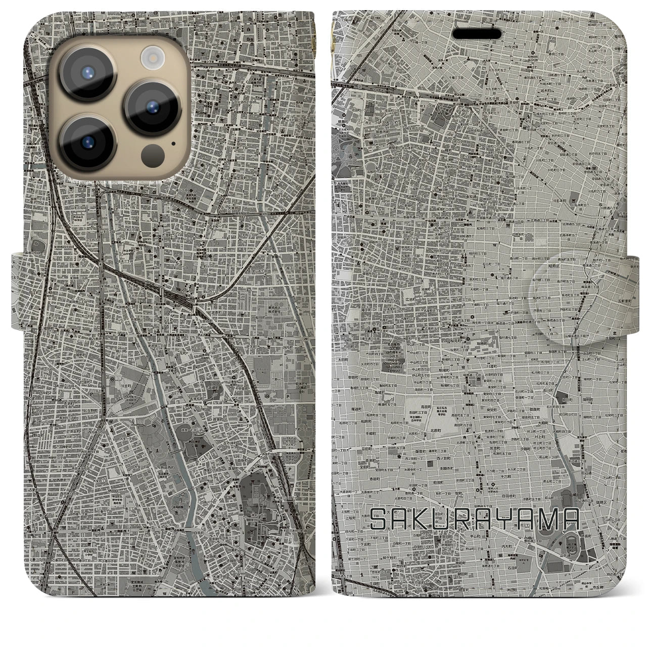 【桜山】地図柄iPhoneケース（手帳両面タイプ・モノトーン）iPhone 14 Pro Max 用