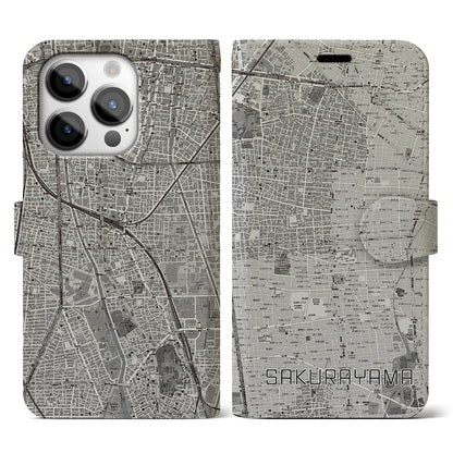【桜山（愛知県）】地図柄iPhoneケース（手帳タイプ）モノトーン・iPhone 14 Pro 用