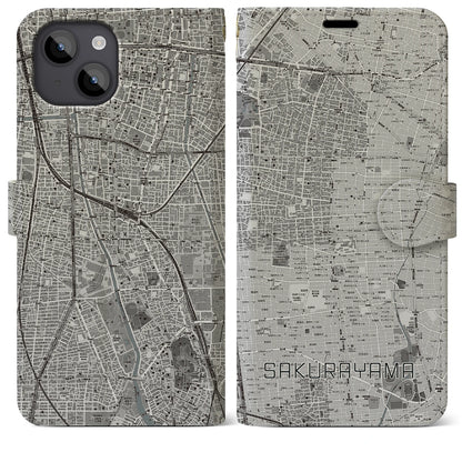 【桜山（愛知県）】地図柄iPhoneケース（手帳タイプ）モノトーン・iPhone 14 Plus 用