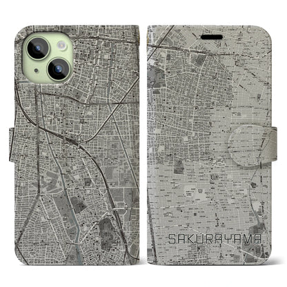 【桜山（愛知県）】地図柄iPhoneケース（手帳タイプ）モノトーン・iPhone 15 用