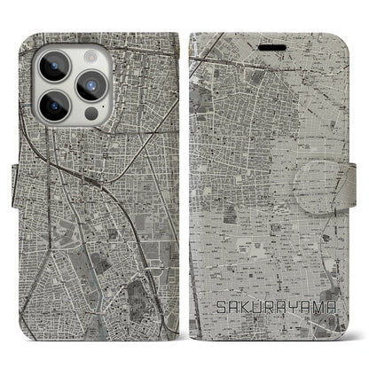【桜山（愛知県）】地図柄iPhoneケース（手帳タイプ）モノトーン・iPhone 15 Pro 用