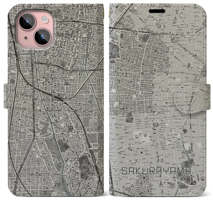 【桜山（愛知県）】地図柄iPhoneケース（手帳タイプ）モノトーン・iPhone 15 Plus 用