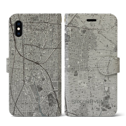【桜山（愛知県）】地図柄iPhoneケース（手帳タイプ）モノトーン・iPhone XS / X 用
