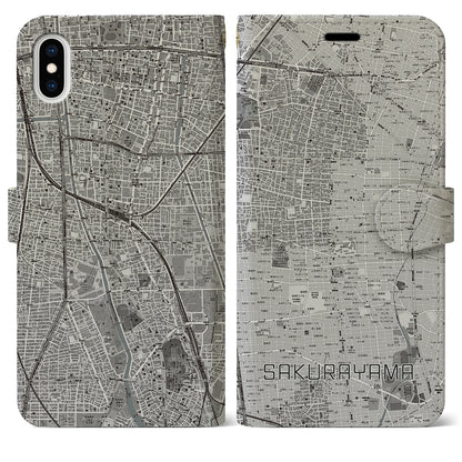 【桜山（愛知県）】地図柄iPhoneケース（手帳タイプ）モノトーン・iPhone XS Max 用