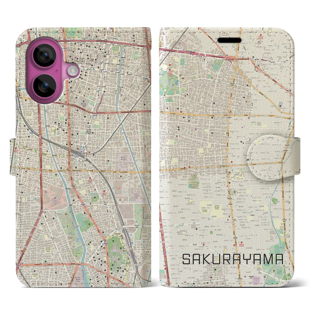 【桜山（愛知県）】地図柄iPhoneケース（手帳タイプ）ナチュラル・iPhone 16 Pro 用