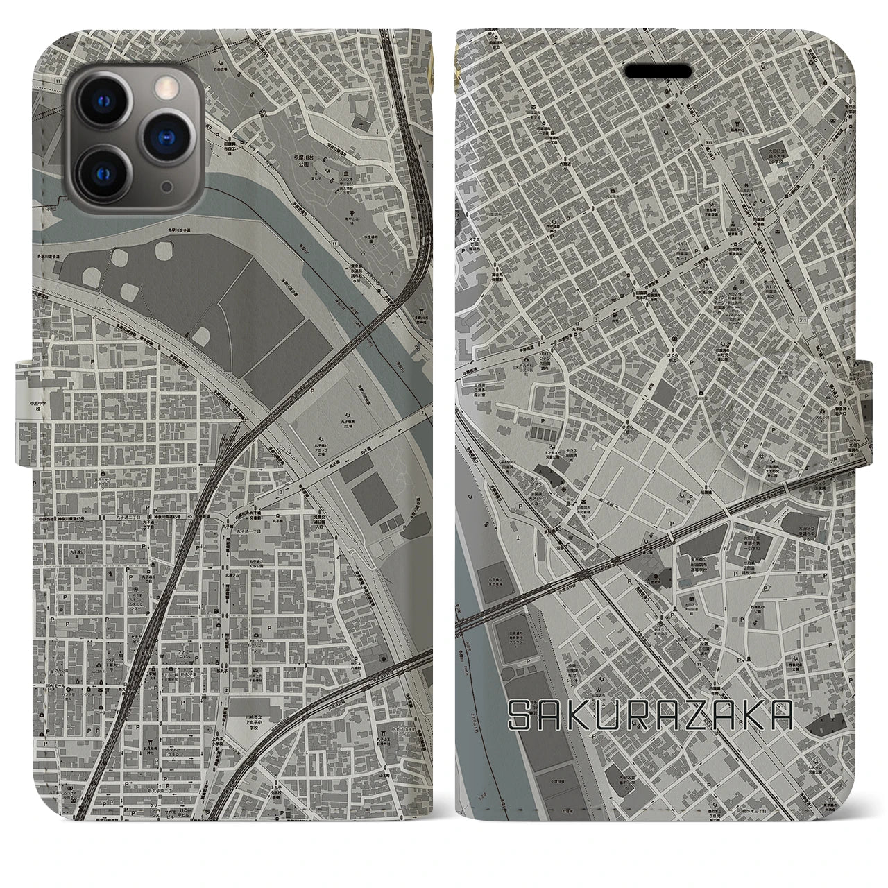 【桜坂】地図柄iPhoneケース（手帳両面タイプ・モノトーン）iPhone 11 Pro Max 用