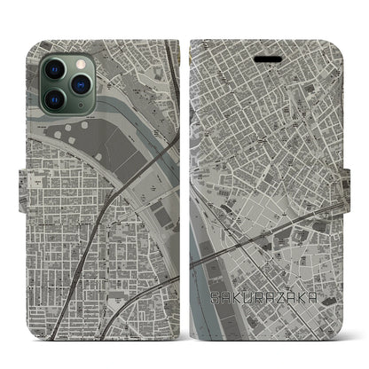 【桜坂（東京都）】地図柄iPhoneケース（手帳タイプ）モノトーン・iPhone 11 Pro 用