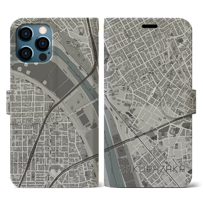 【桜坂（東京都）】地図柄iPhoneケース（手帳タイプ）モノトーン・iPhone 12 / 12 Pro 用
