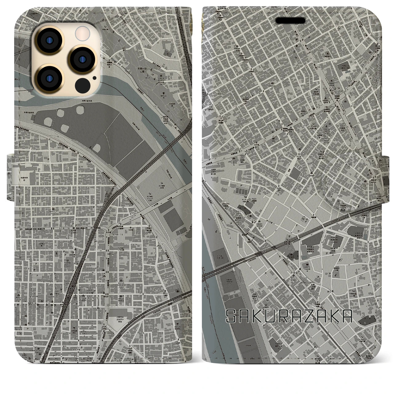 【桜坂】地図柄iPhoneケース（手帳両面タイプ・モノトーン）iPhone 12 Pro Max 用