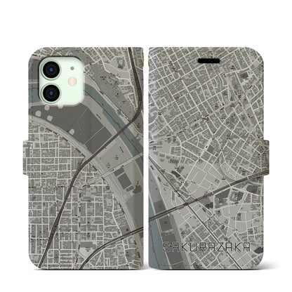 【桜坂（東京都）】地図柄iPhoneケース（手帳タイプ）モノトーン・iPhone 12 mini 用