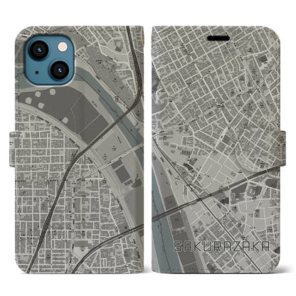 【桜坂（東京都）】地図柄iPhoneケース（手帳タイプ）モノトーン・iPhone 13 用