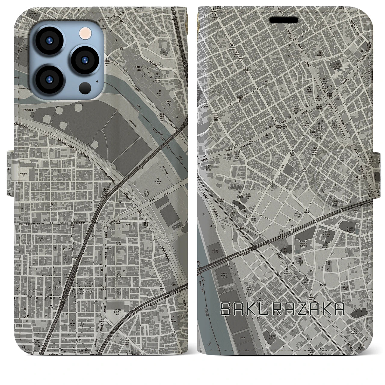 【桜坂】地図柄iPhoneケース（手帳両面タイプ・モノトーン）iPhone 13 Pro Max 用