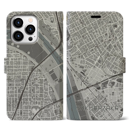 【桜坂（東京都）】地図柄iPhoneケース（手帳タイプ）モノトーン・iPhone 13 Pro 用