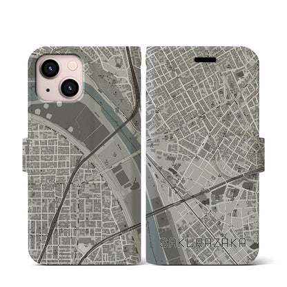 【桜坂（東京都）】地図柄iPhoneケース（手帳タイプ）モノトーン・iPhone 13 mini 用
