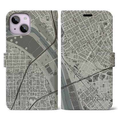 【桜坂（東京都）】地図柄iPhoneケース（手帳タイプ）モノトーン・iPhone 14 用
