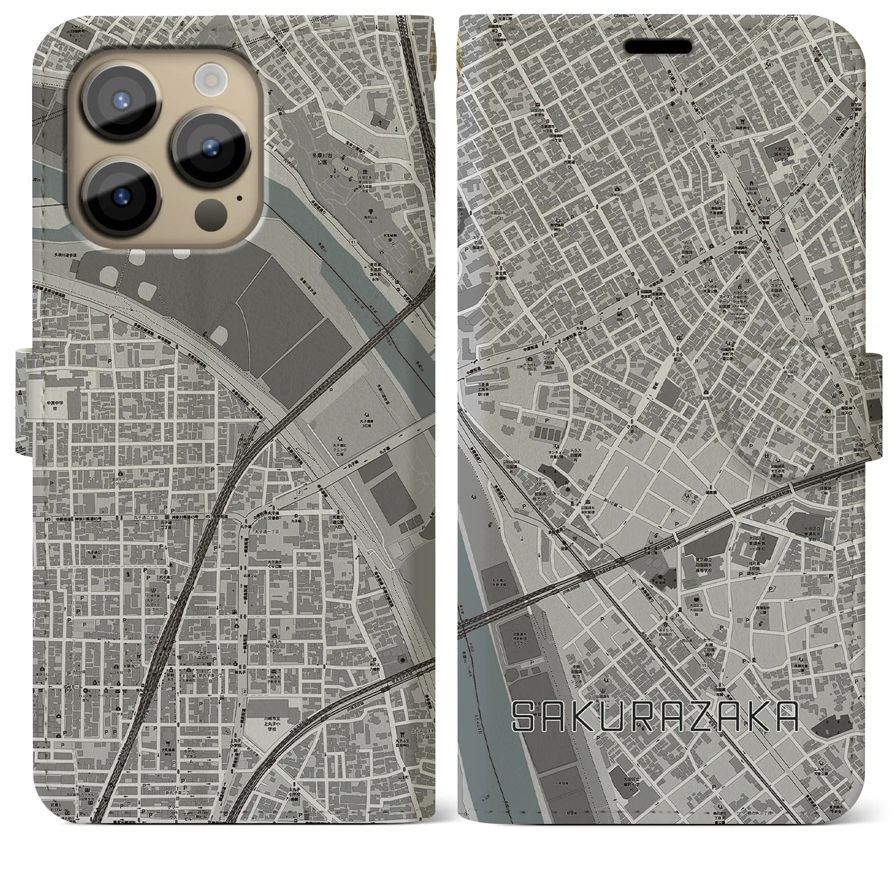 【桜坂】地図柄iPhoneケース（手帳両面タイプ・モノトーン）iPhone 14 Pro Max 用