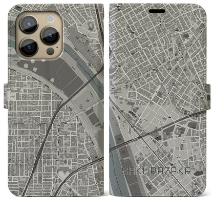 【桜坂（東京都）】地図柄iPhoneケース（手帳タイプ）モノトーン・iPhone 14 Pro Max 用