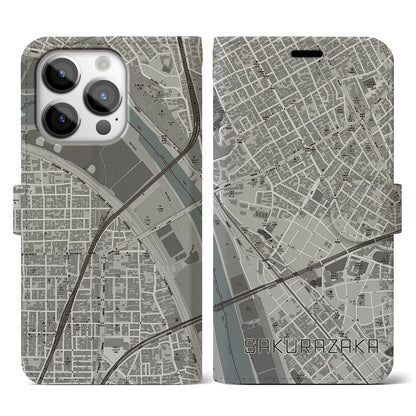【桜坂（東京都）】地図柄iPhoneケース（手帳タイプ）モノトーン・iPhone 14 Pro 用