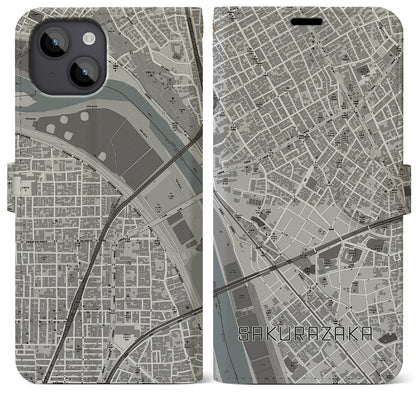 【桜坂（東京都）】地図柄iPhoneケース（手帳タイプ）モノトーン・iPhone 14 Plus 用