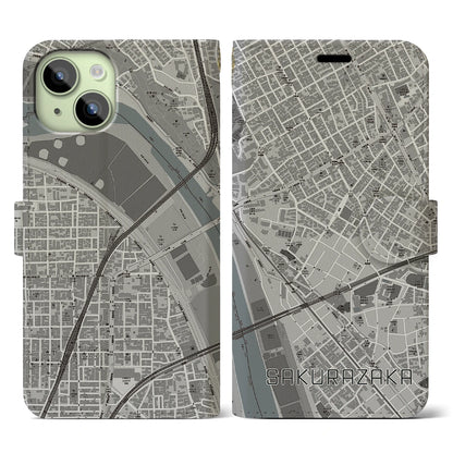 【桜坂（東京都）】地図柄iPhoneケース（手帳タイプ）モノトーン・iPhone 15 用