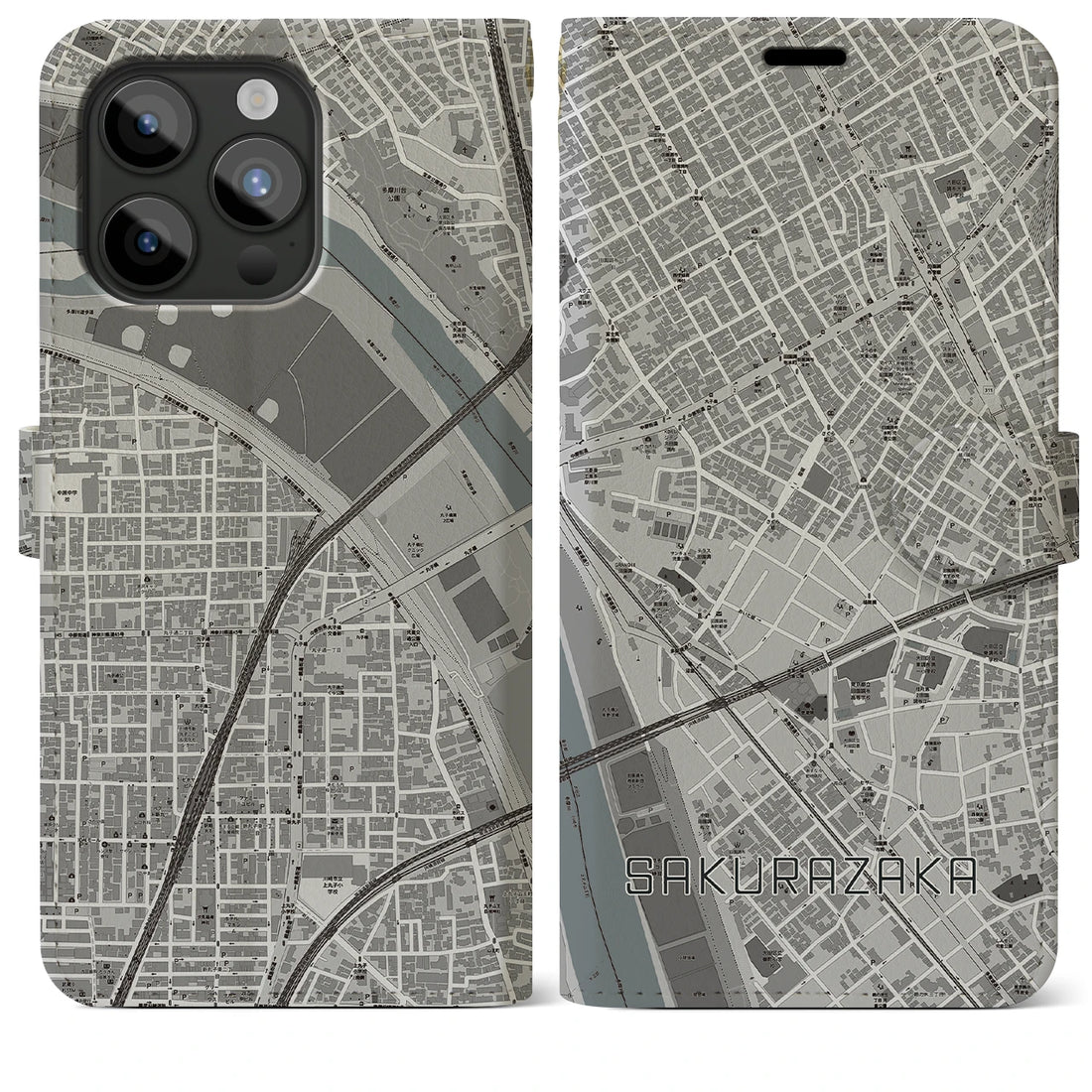 【桜坂】地図柄iPhoneケース（手帳両面タイプ・モノトーン）iPhone 15 Pro Max 用