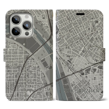 【桜坂（東京都）】地図柄iPhoneケース（手帳タイプ）モノトーン・iPhone 15 Pro 用