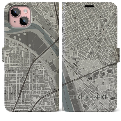 【桜坂（東京都）】地図柄iPhoneケース（手帳タイプ）モノトーン・iPhone 15 Plus 用