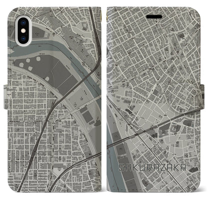 【桜坂（東京都）】地図柄iPhoneケース（手帳タイプ）モノトーン・iPhone XS Max 用