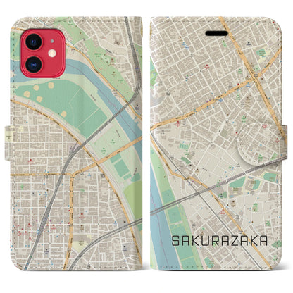 【桜坂（東京都）】地図柄iPhoneケース（手帳タイプ）ナチュラル・iPhone 11 用