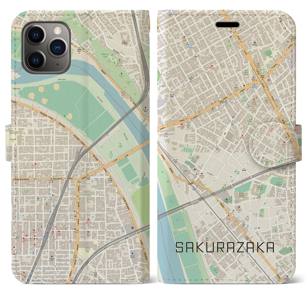【桜坂】地図柄iPhoneケース（手帳両面タイプ・ナチュラル）iPhone 11 Pro Max 用