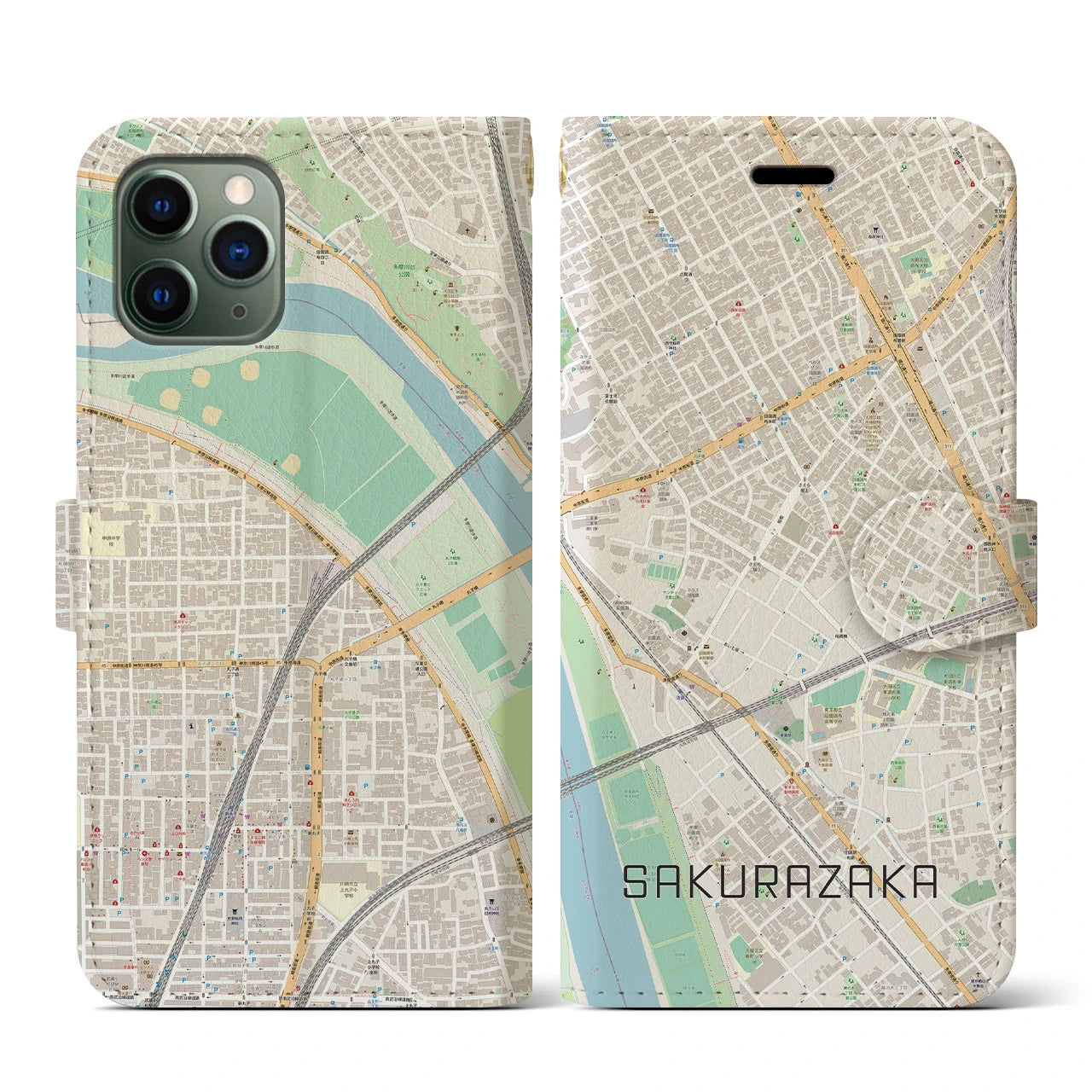 【桜坂】地図柄iPhoneケース（手帳両面タイプ・ナチュラル）iPhone 11 Pro 用