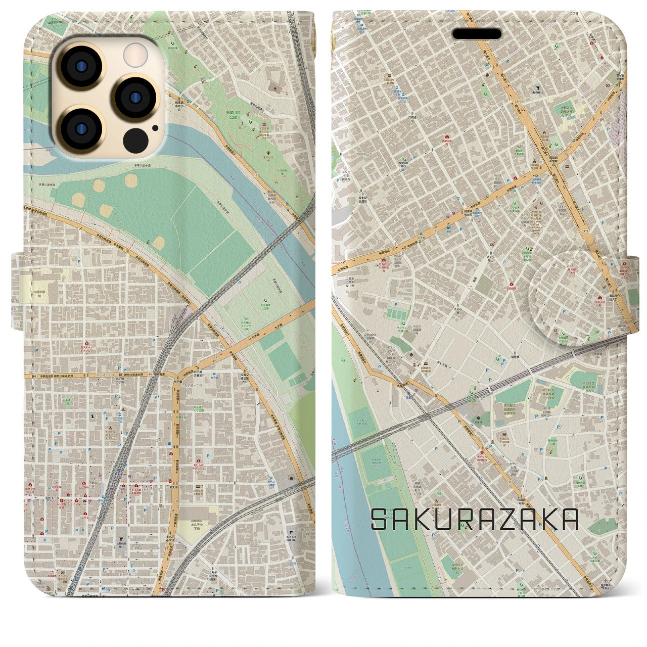 【桜坂】地図柄iPhoneケース（手帳両面タイプ・ナチュラル）iPhone 12 Pro Max 用