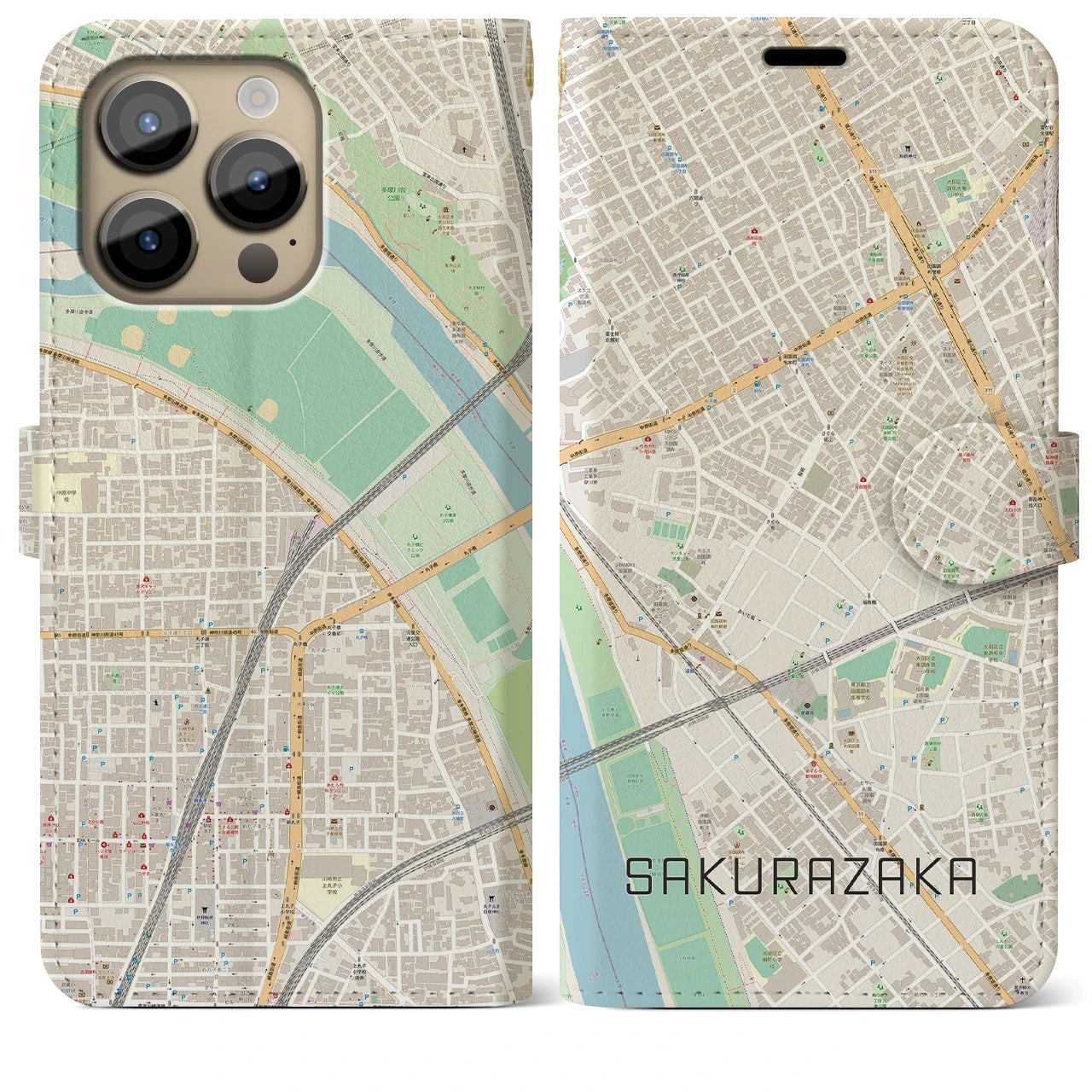 【桜坂】地図柄iPhoneケース（手帳両面タイプ・ナチュラル）iPhone 14 Pro Max 用