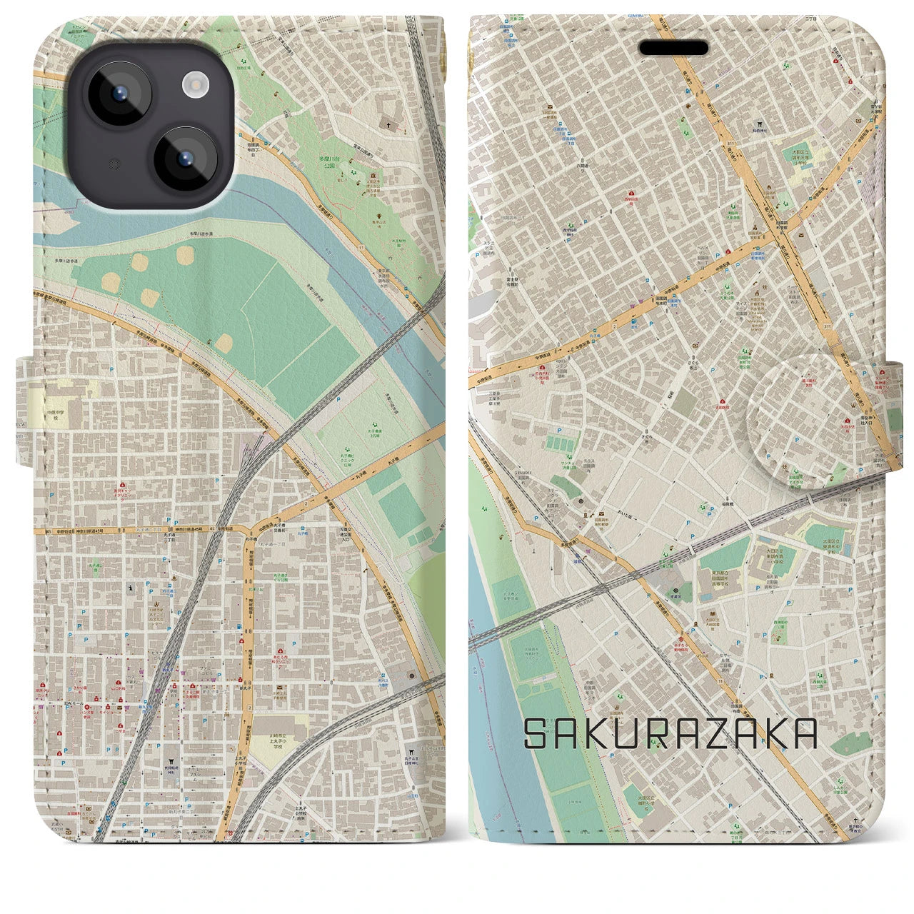 【桜坂】地図柄iPhoneケース（手帳両面タイプ・ナチュラル）iPhone 14 Plus 用