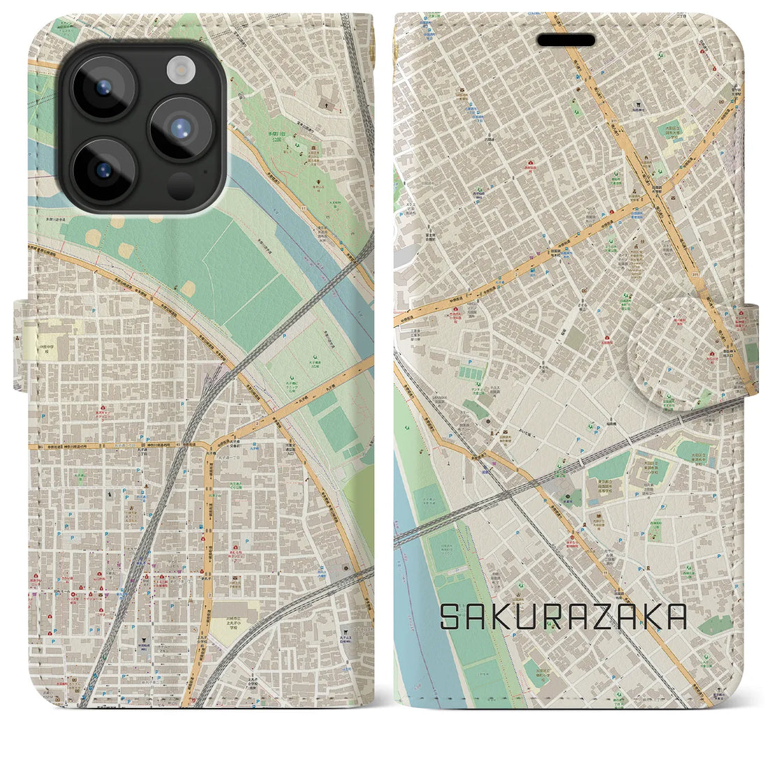【桜坂】地図柄iPhoneケース（手帳両面タイプ・ナチュラル）iPhone 15 Pro Max 用