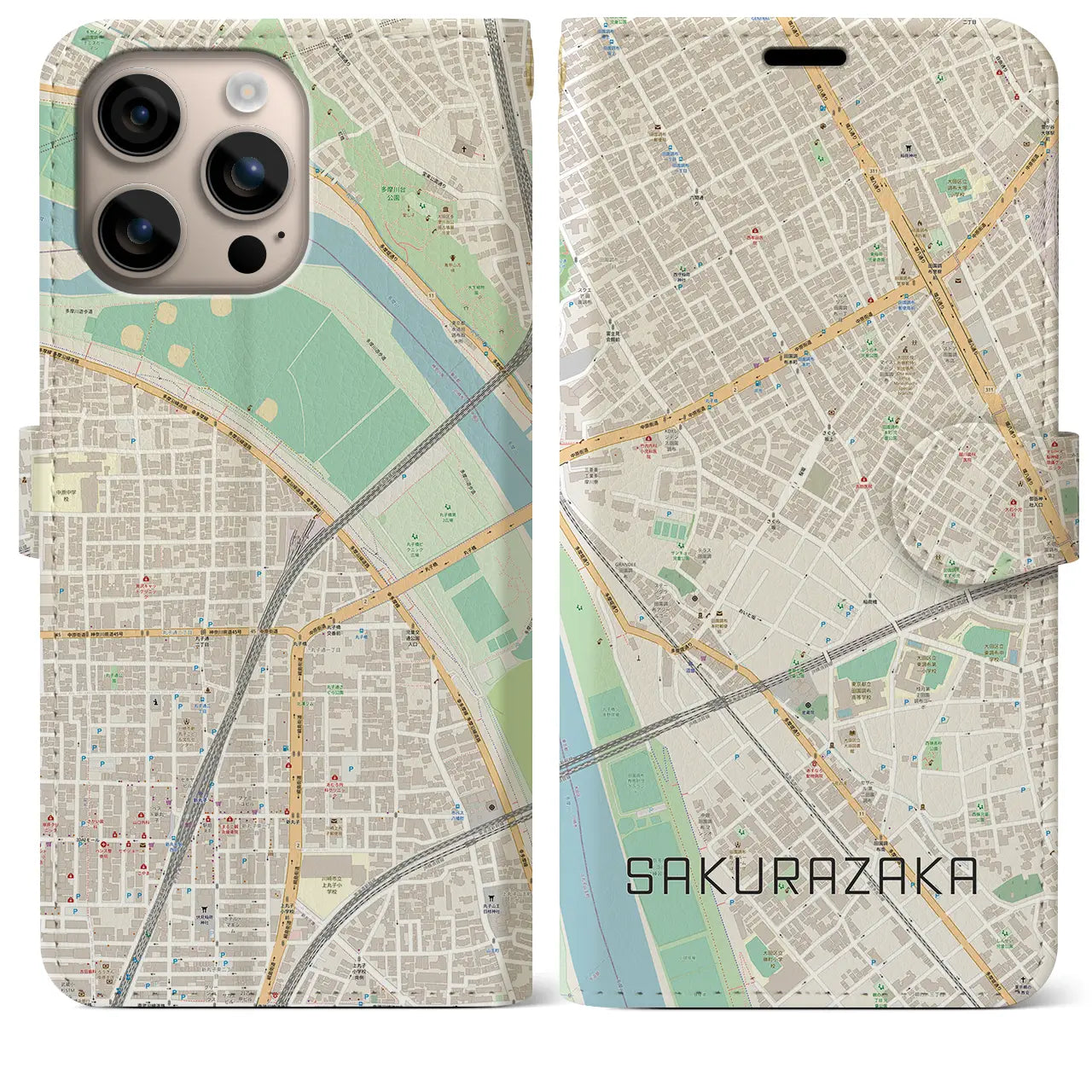 【桜坂（東京都）】地図柄iPhoneケース（手帳タイプ）ナチュラル・iPhone 16 Plus 用