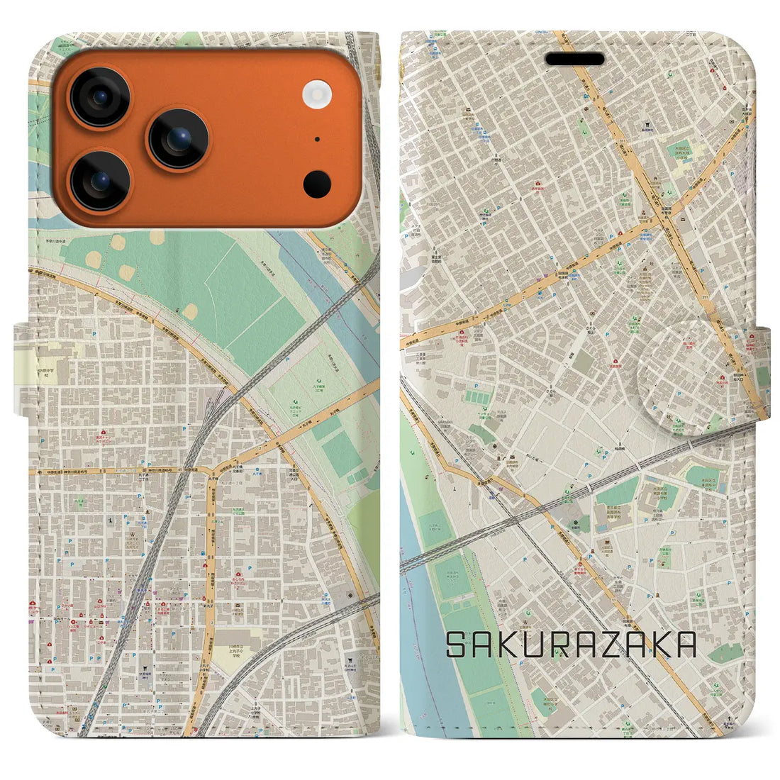 【桜坂（東京都）】地図柄iPhoneケース（手帳タイプ）ナチュラル・iPhone 17 Pro Max 用