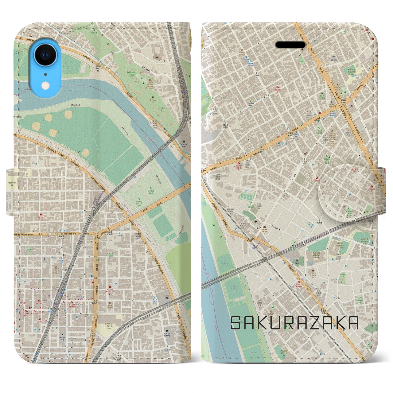 【桜坂】地図柄iPhoneケース（手帳両面タイプ・ナチュラル）iPhone XR 用