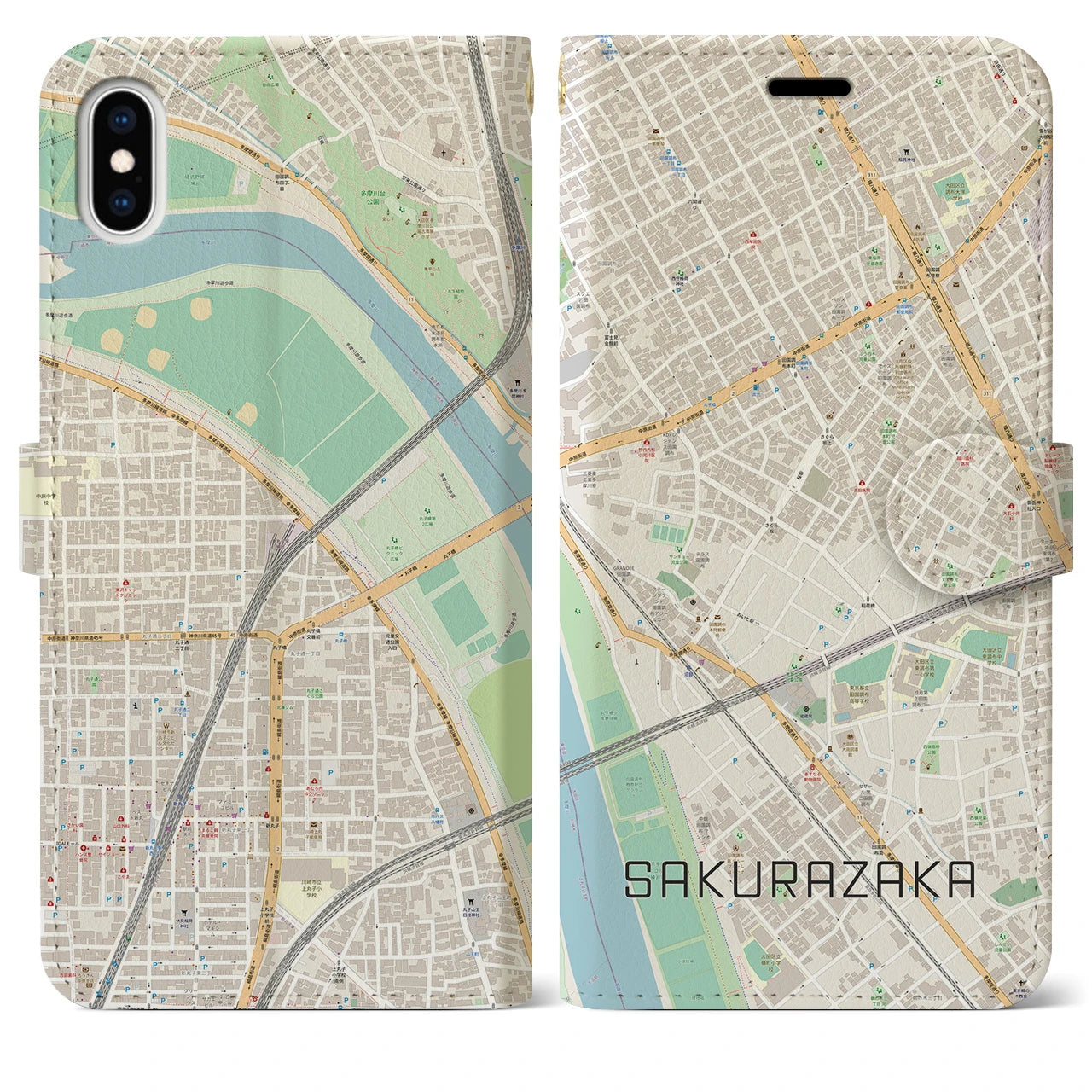 【桜坂】地図柄iPhoneケース（手帳両面タイプ・ナチュラル）iPhone XS Max 用