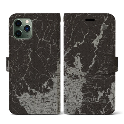 【左京（京都府）】地図柄iPhoneケース（手帳タイプ）モノトーン・iPhone 11 Pro 用