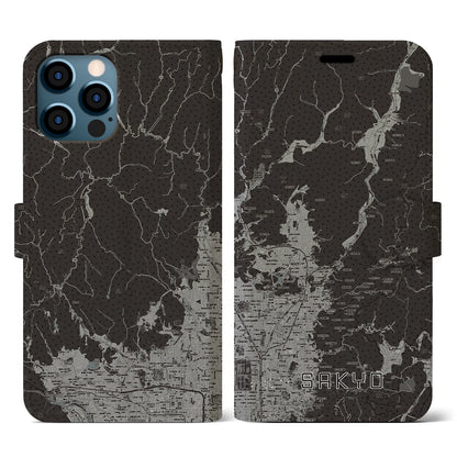 【左京（京都府）】地図柄iPhoneケース（手帳タイプ）モノトーン・iPhone 12 / 12 Pro 用
