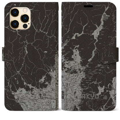【左京（京都府）】地図柄iPhoneケース（手帳タイプ）モノトーン・iPhone 12 Pro Max 用